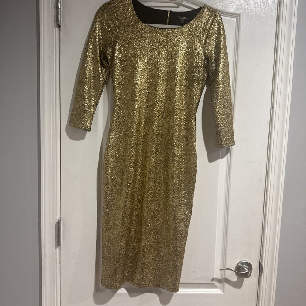 XOXO Women’s Round Neck 3/4 Sleeve Metallic Gold Bodycon Dress Size S